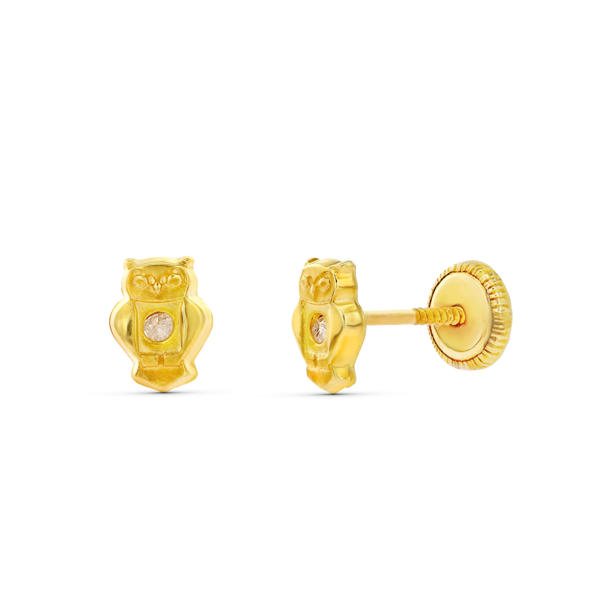 Pendientes búho con circonita para mujer, niña o bebé. Oro 18K