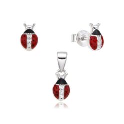 Conjunto plata 1ª ley mariquitas esmaltadas