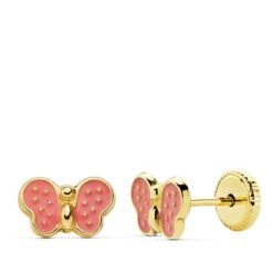 Pendientes mujer o niña mariposa rosa, oro 18 kilates.