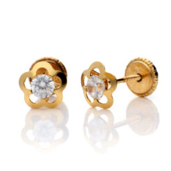 Pendientes bebe, niña o mujer flor con circonitas, oro 18 kilates.